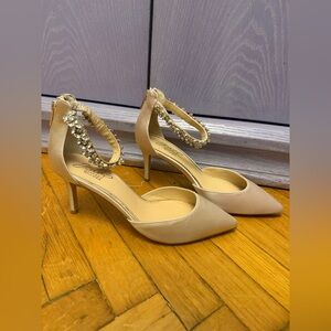 Embellished Ankle-Strap Pointed Toe Pumps in Nude